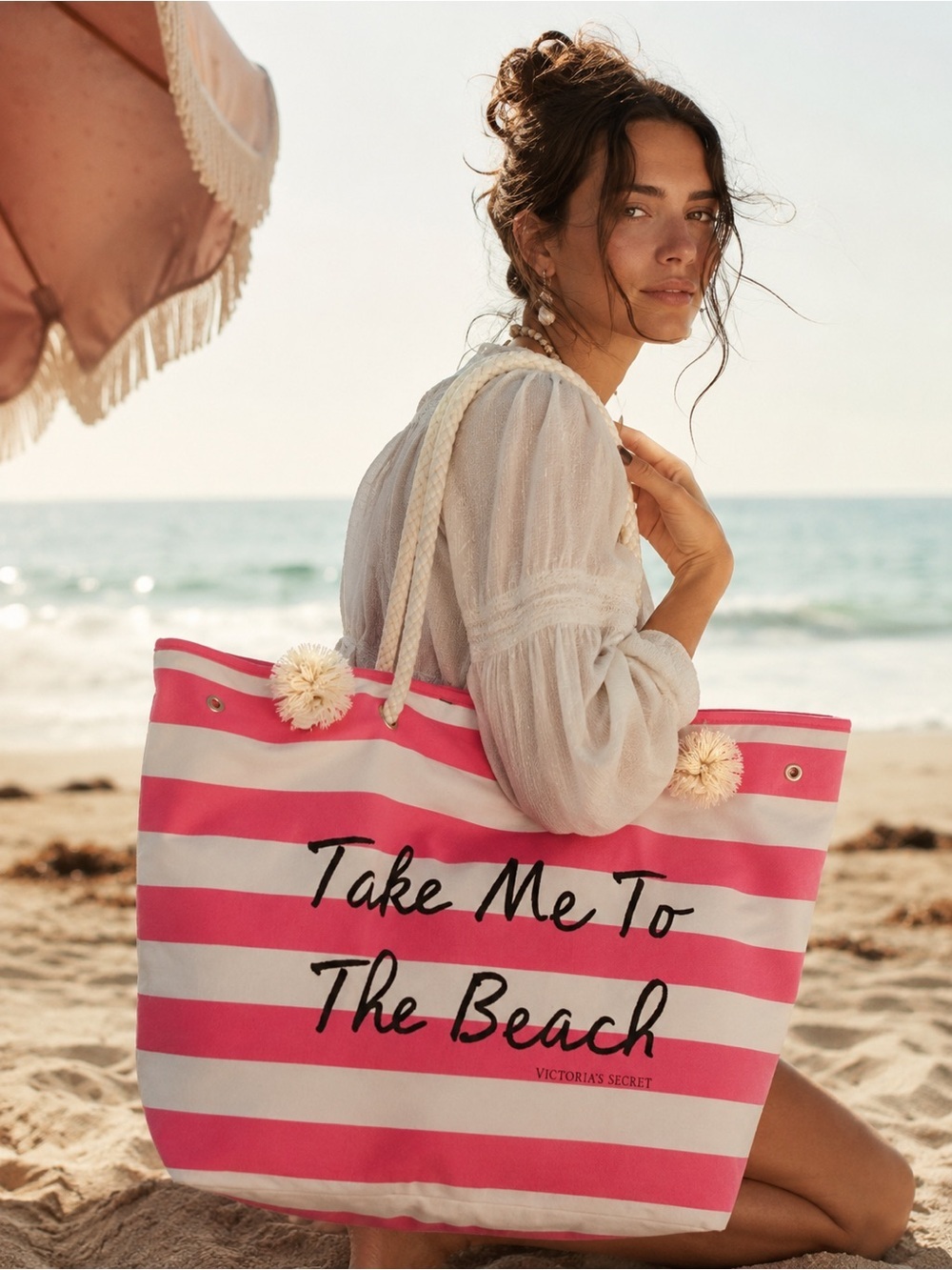 Victoria's Secret Pink and White Striped 'Take Me To The Beach' Tote